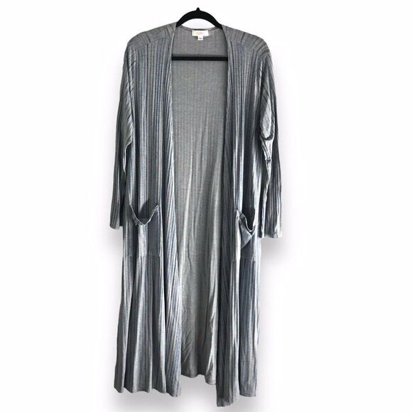 Lularoe Sarah Size Medium Duster Cardigan Gray‎ Teal Stripe Pockets Long Sleeve - Picture 1 of 13